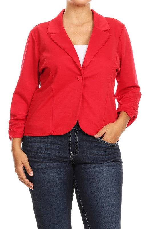 Hip Length Ruched Sleeve Single Button Blazer - 14 Color Options