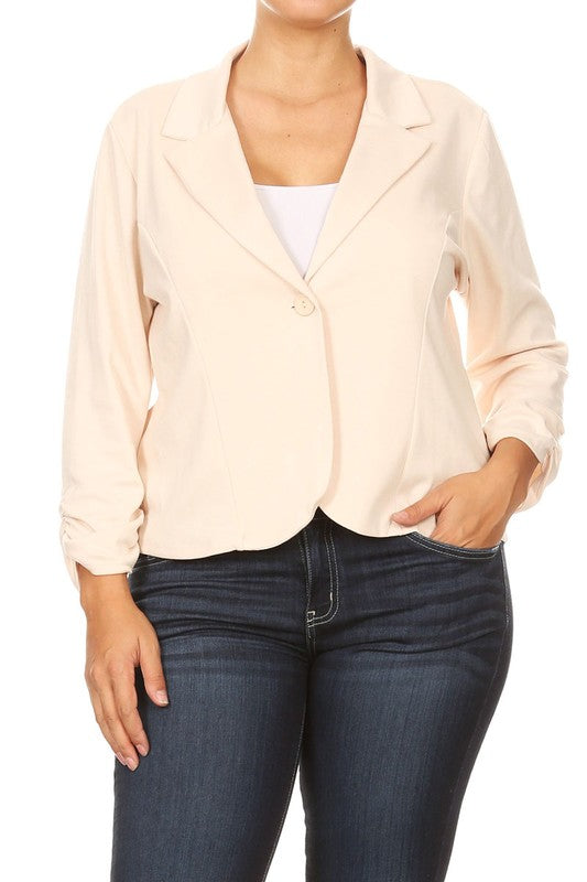 Hip Length Ruched Sleeve Single Button Blazer - 14 Color Options