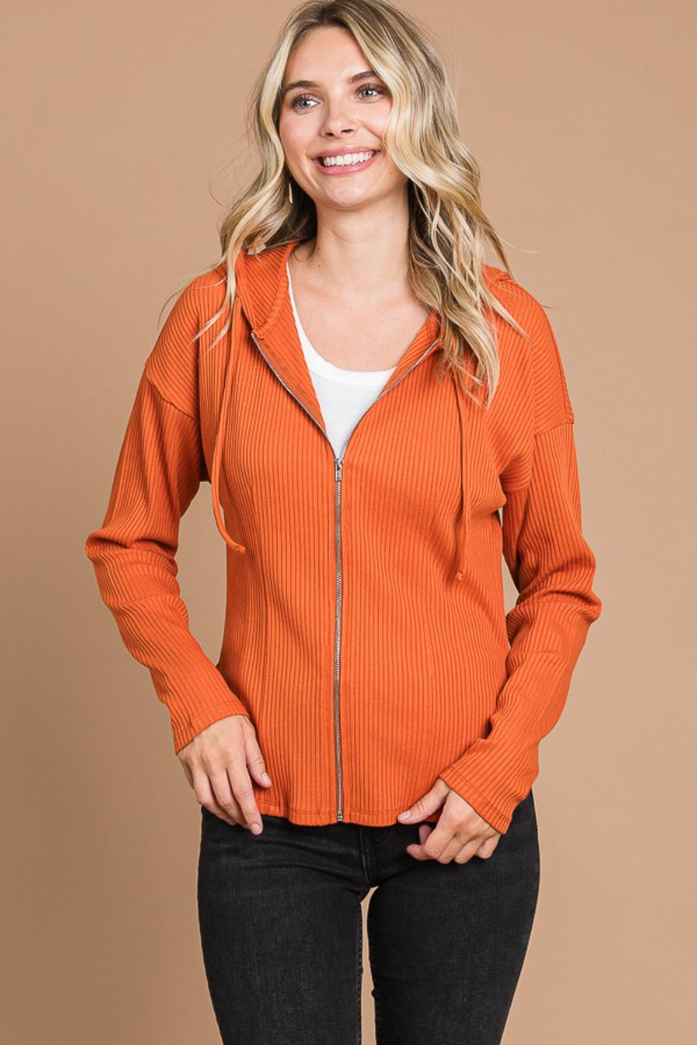 Ribbed Zip Up Drawstring Hooded Jacket - 4 Color Options