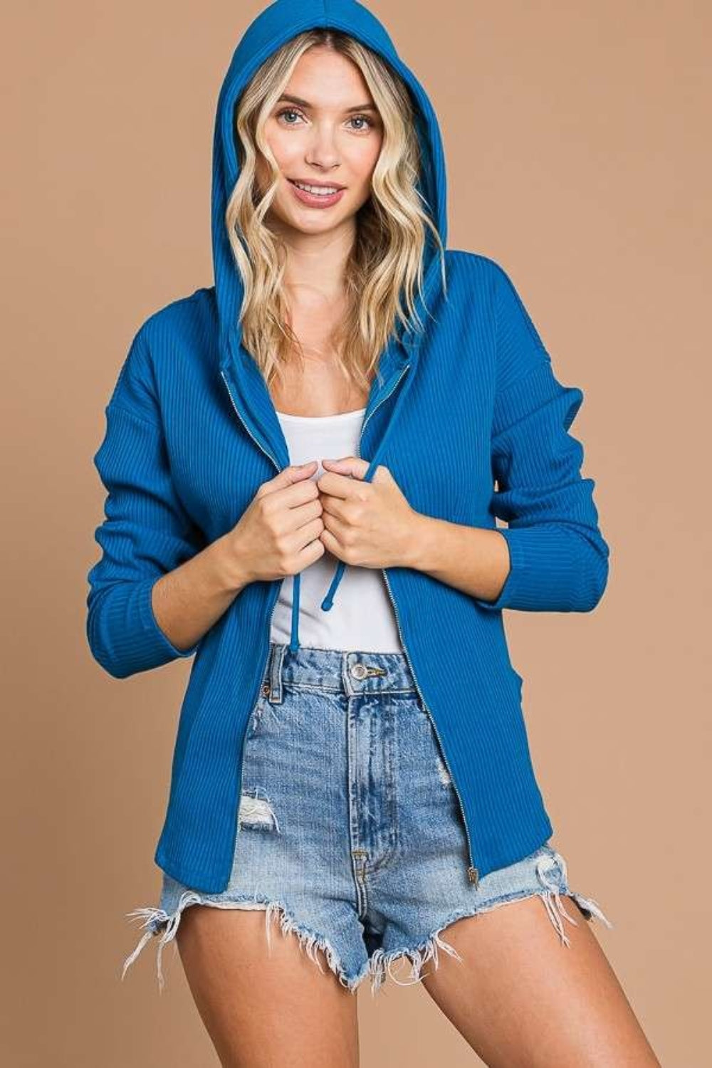 Ribbed Zip Up Drawstring Hooded Jacket - 4 Color Options