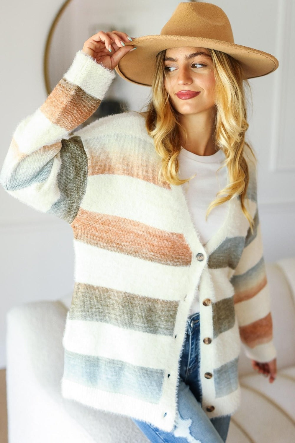 Soft Stripe Fuzzy Sweater Cardigan