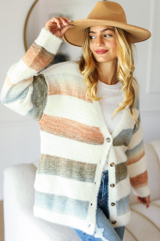 Soft Stripe Fuzzy Sweater Cardigan