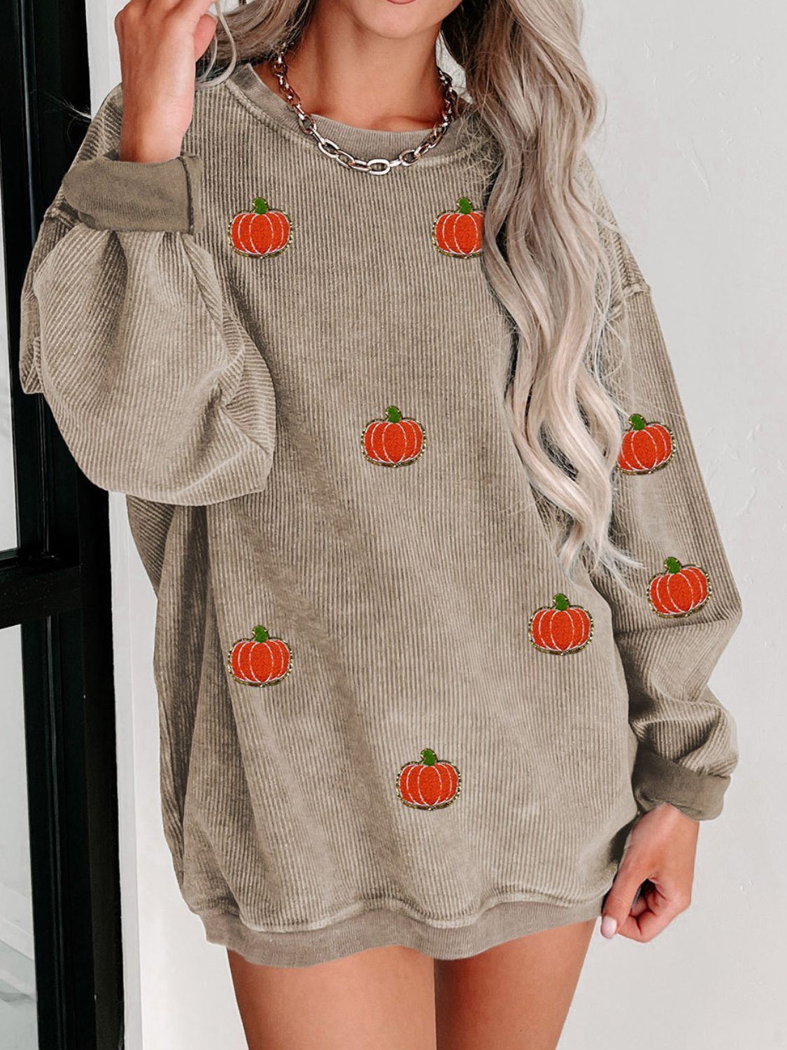 Corded Sweatshirt w/ Chenille Pumpkin Patches - 2 Color Options