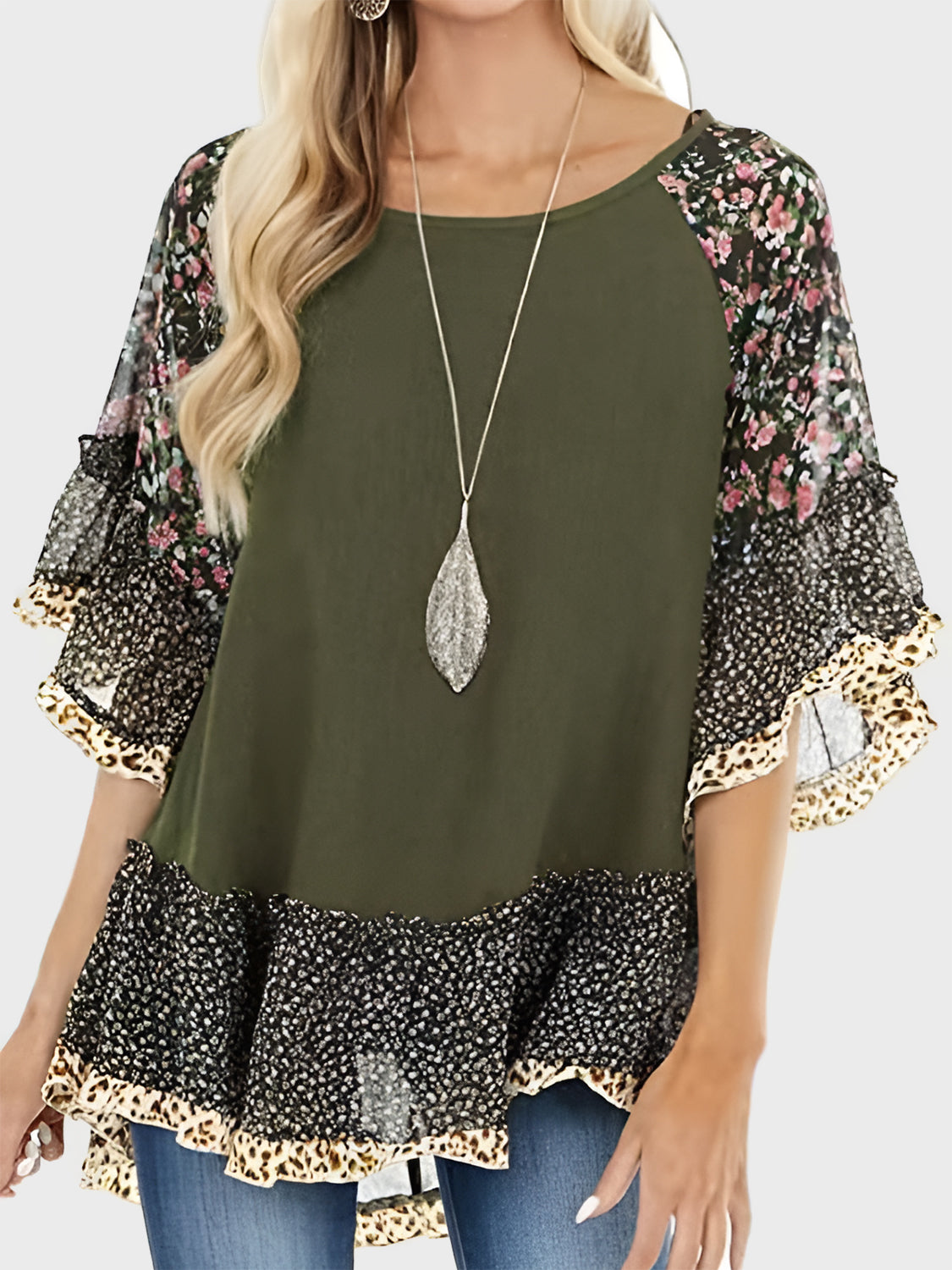 Ruffle Sleeve Mixed Print Blouse - 7 Print/Color Options