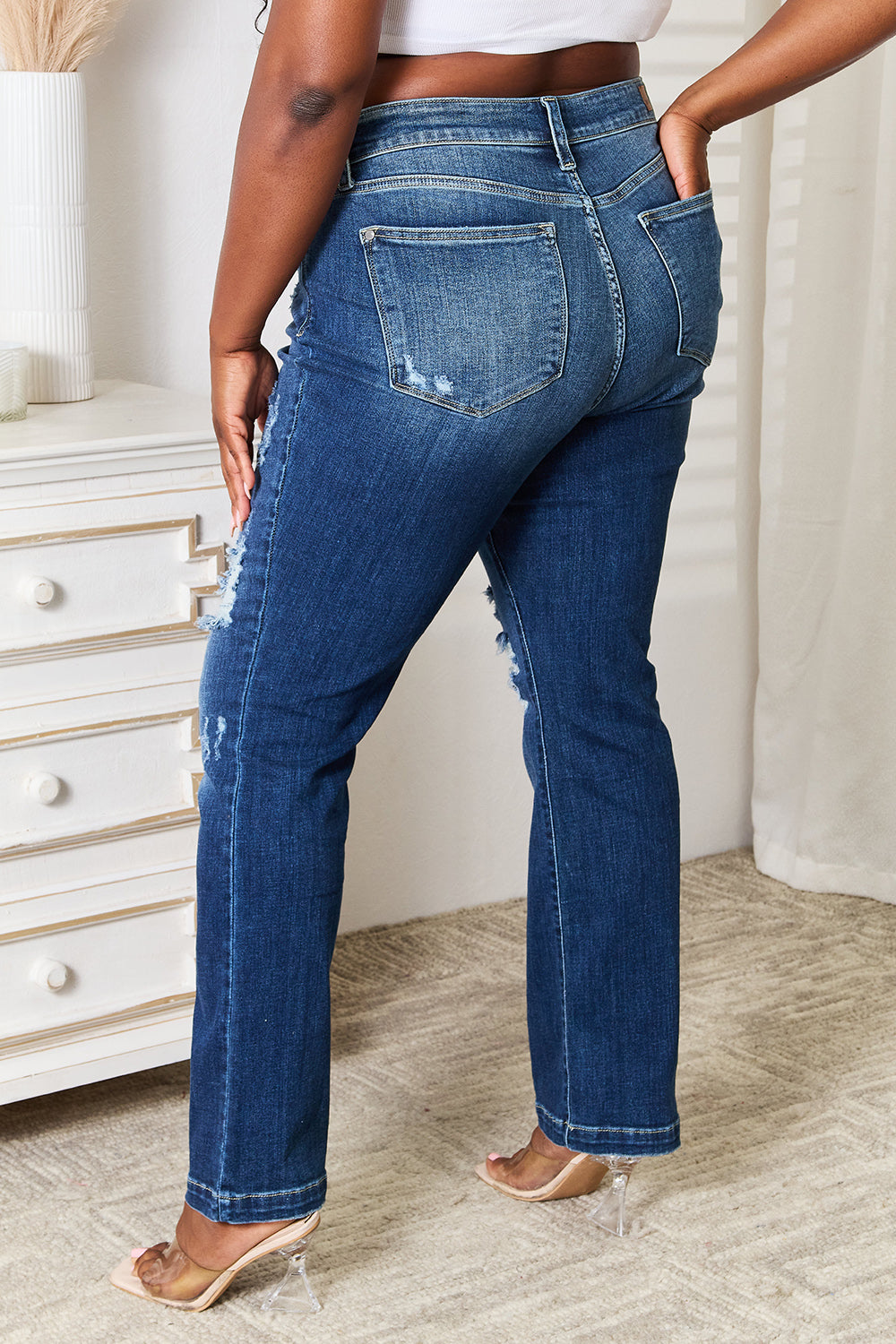 Judy Blue Lucy Mid Rise Hand Sand Distressed Bootcut Jeans