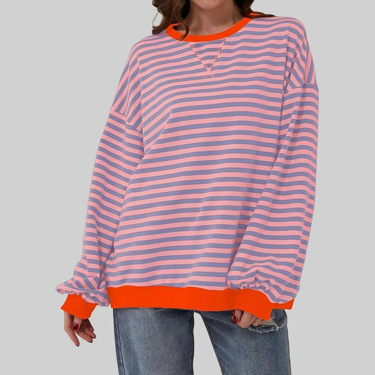 Contrast Striped Long Sleeve Oversized T-Shirt