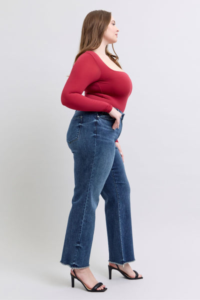 Judy Blue Mid Rise Raw Hem Wide Leg Jeans