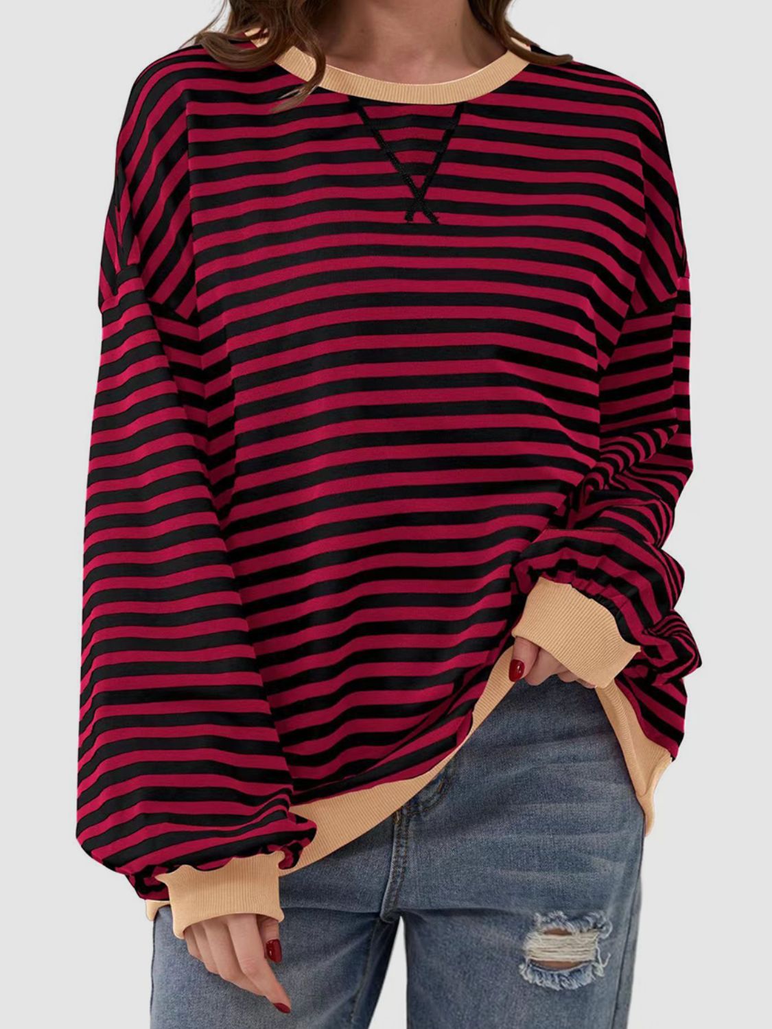 Contrast Striped Long Sleeve Oversized T-Shirt