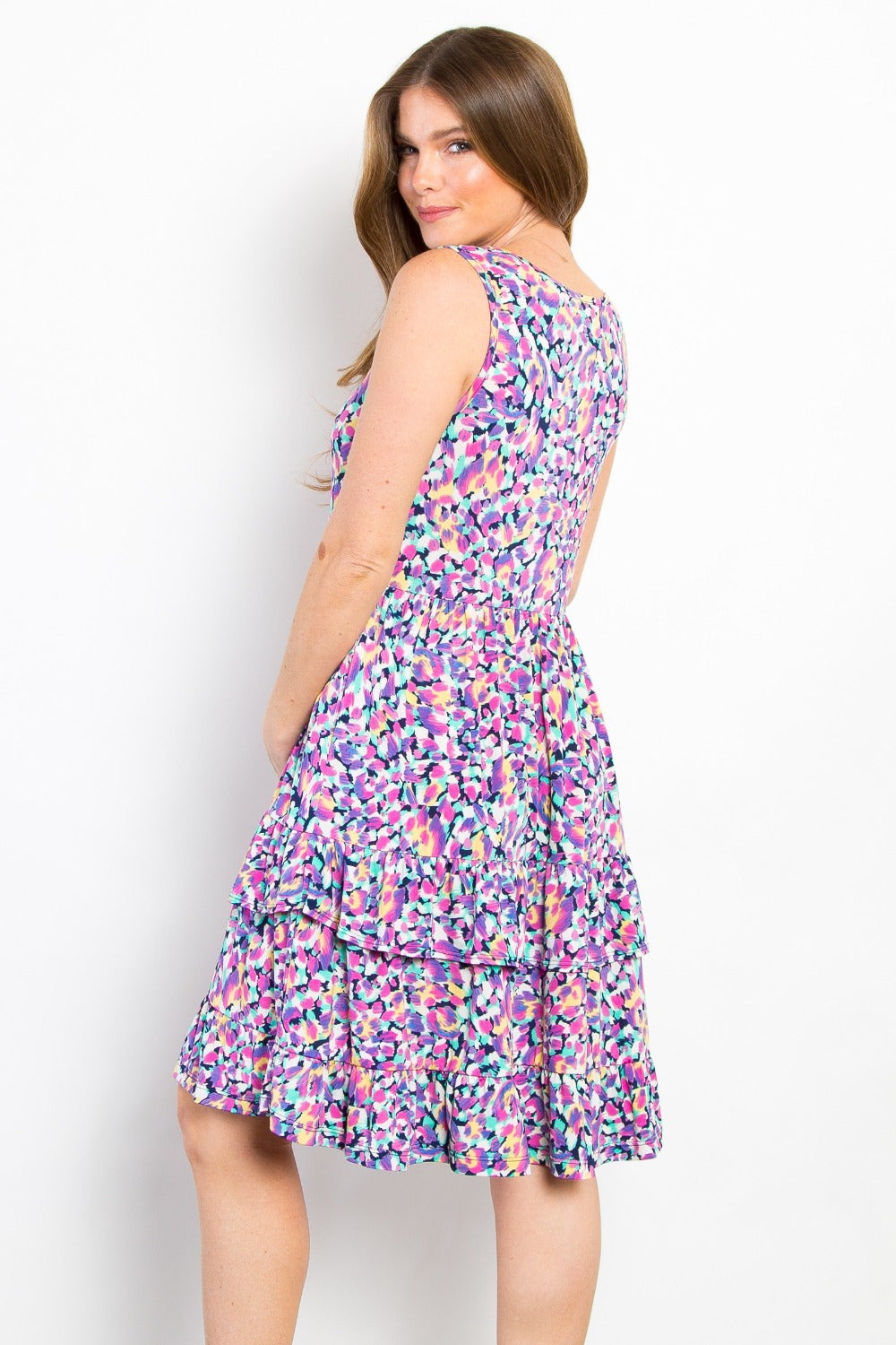 Wrinkle Free Tiered Floral Dress in Lavender