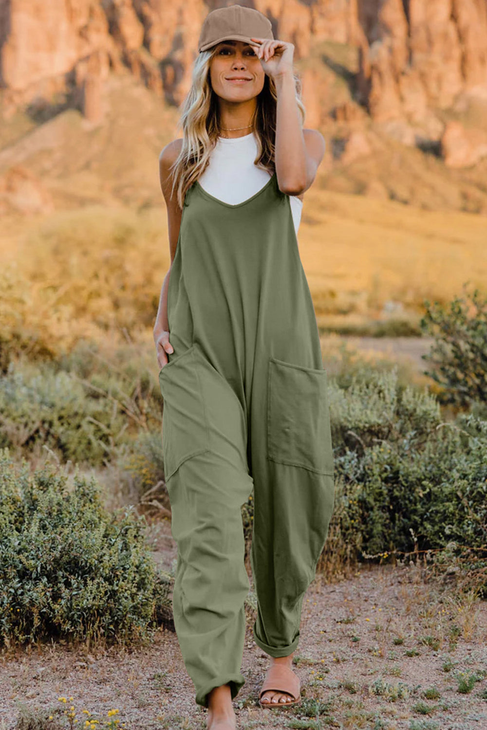 Boho Relaxed Tank Patch Pocket Jumpsuit - 13 Color Options