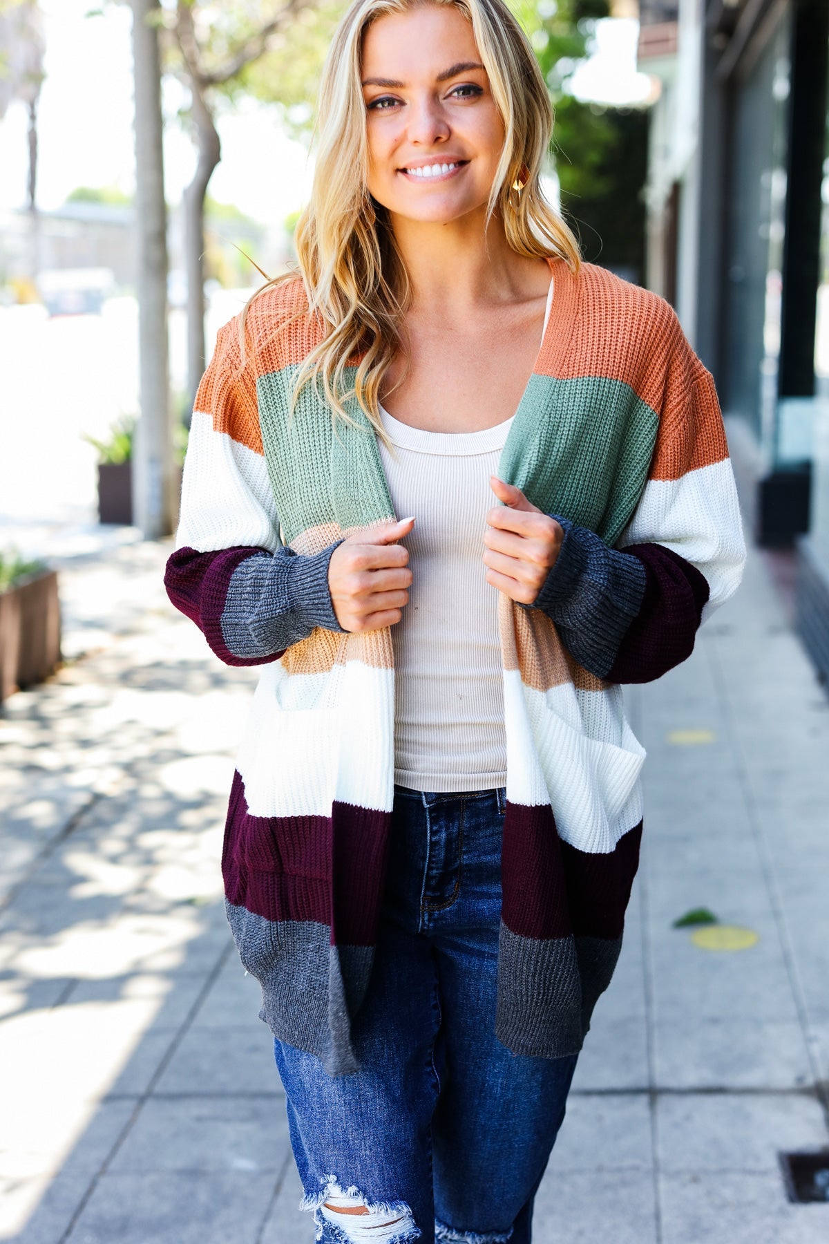 Put Together Plum & Olive Color Block Open Cardigan