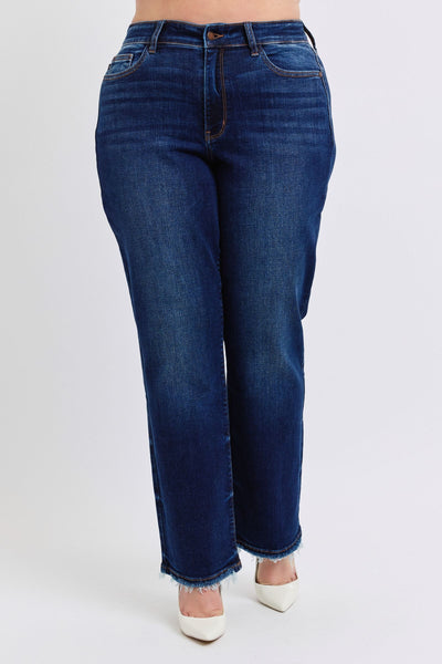 Judy Blue Frayed Hem Straight Leg Dark Wash Jeans