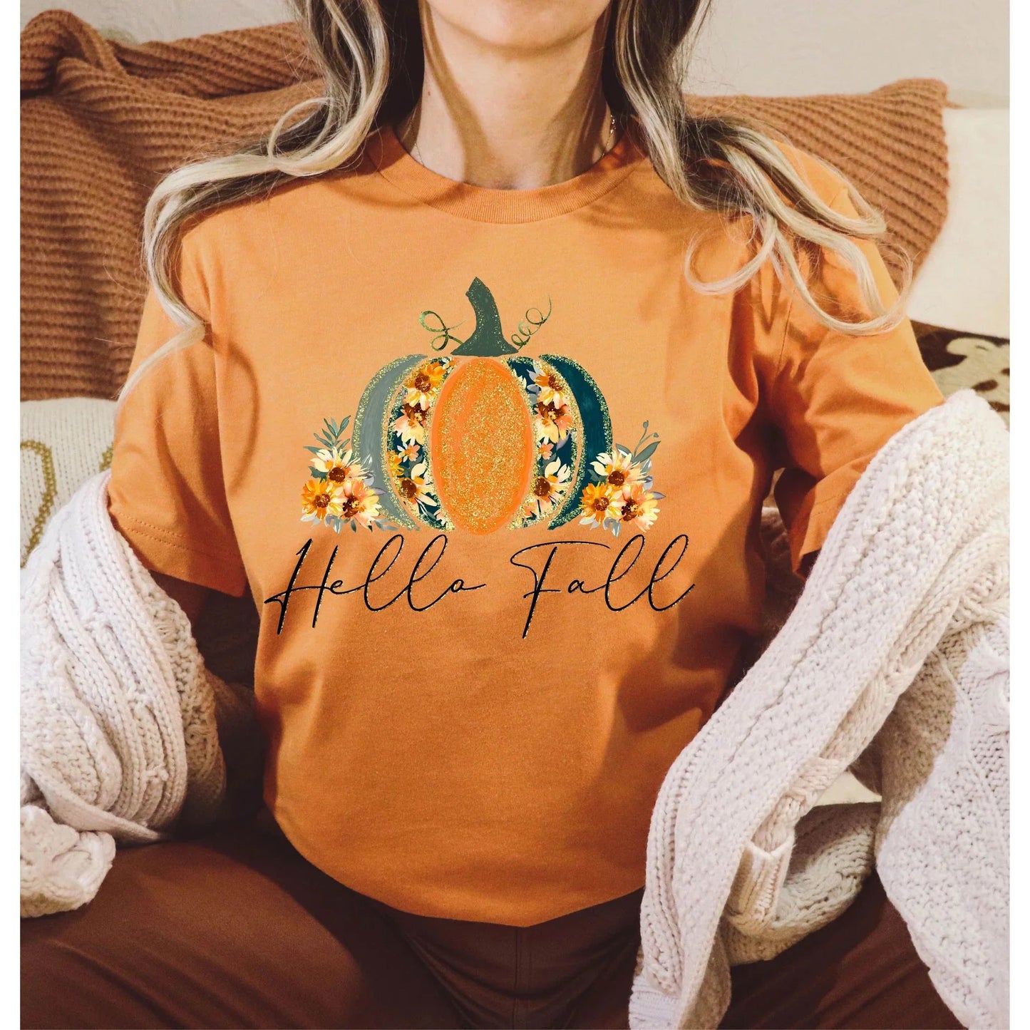 Hello Fall Faux Glitter Pumpkin Graphic Tee