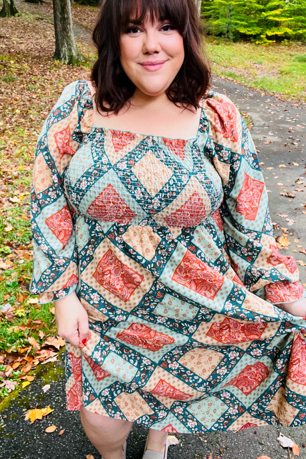 Rust & Teal Boho Smocked Woven Midi Dress