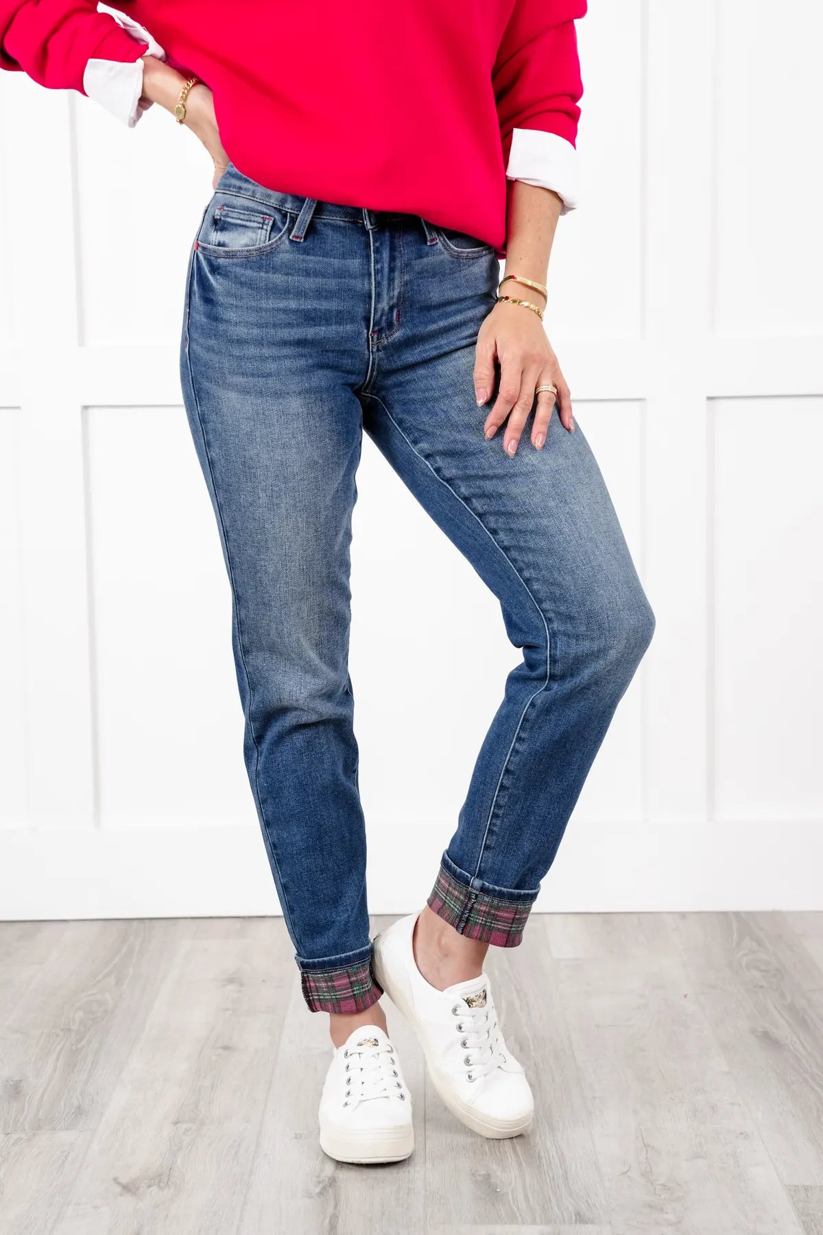 Judy Blue Plaid Cuff Straight Leg Jeans