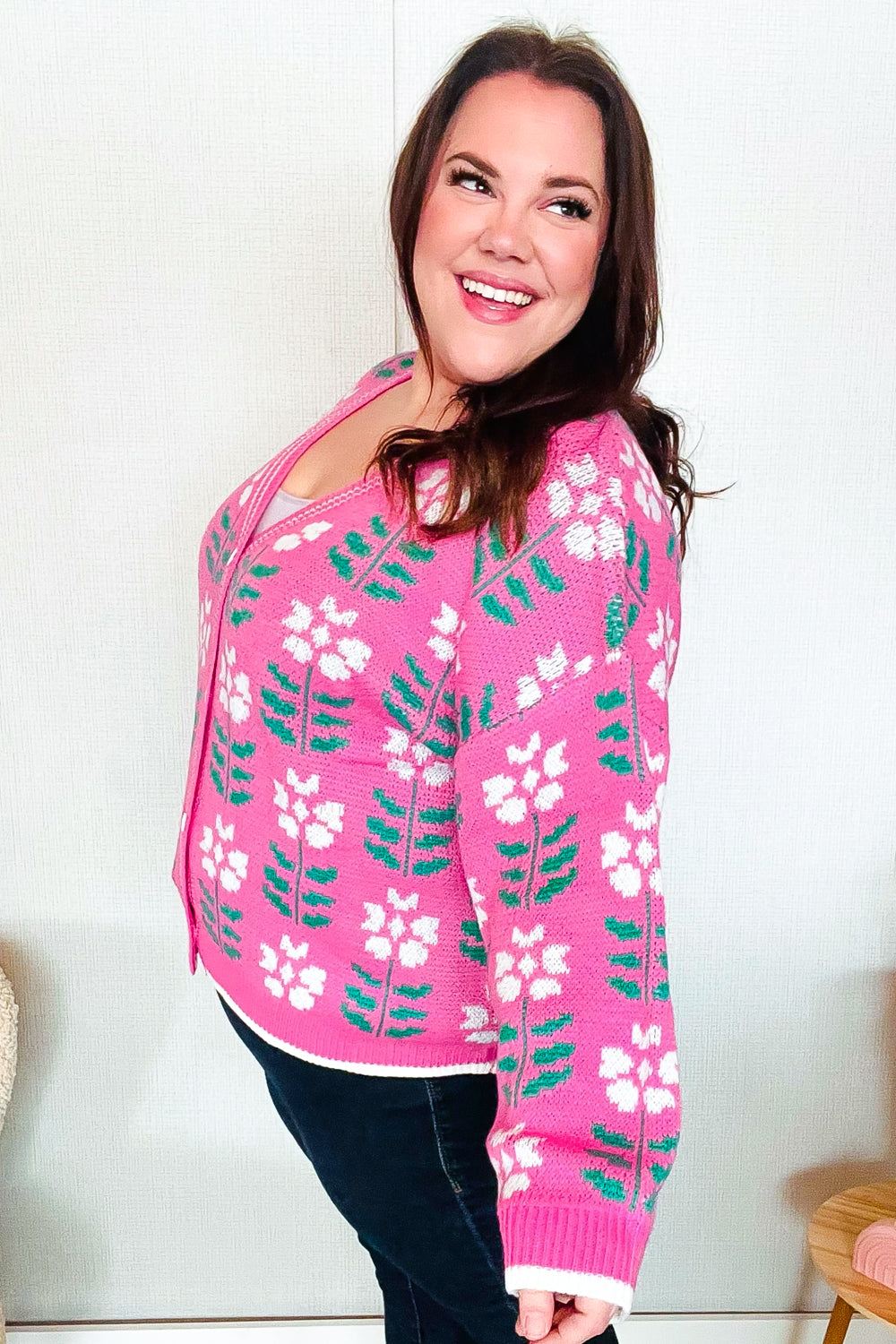 All For Love Fuchsia Flower Print Button Down Knit Cardigan