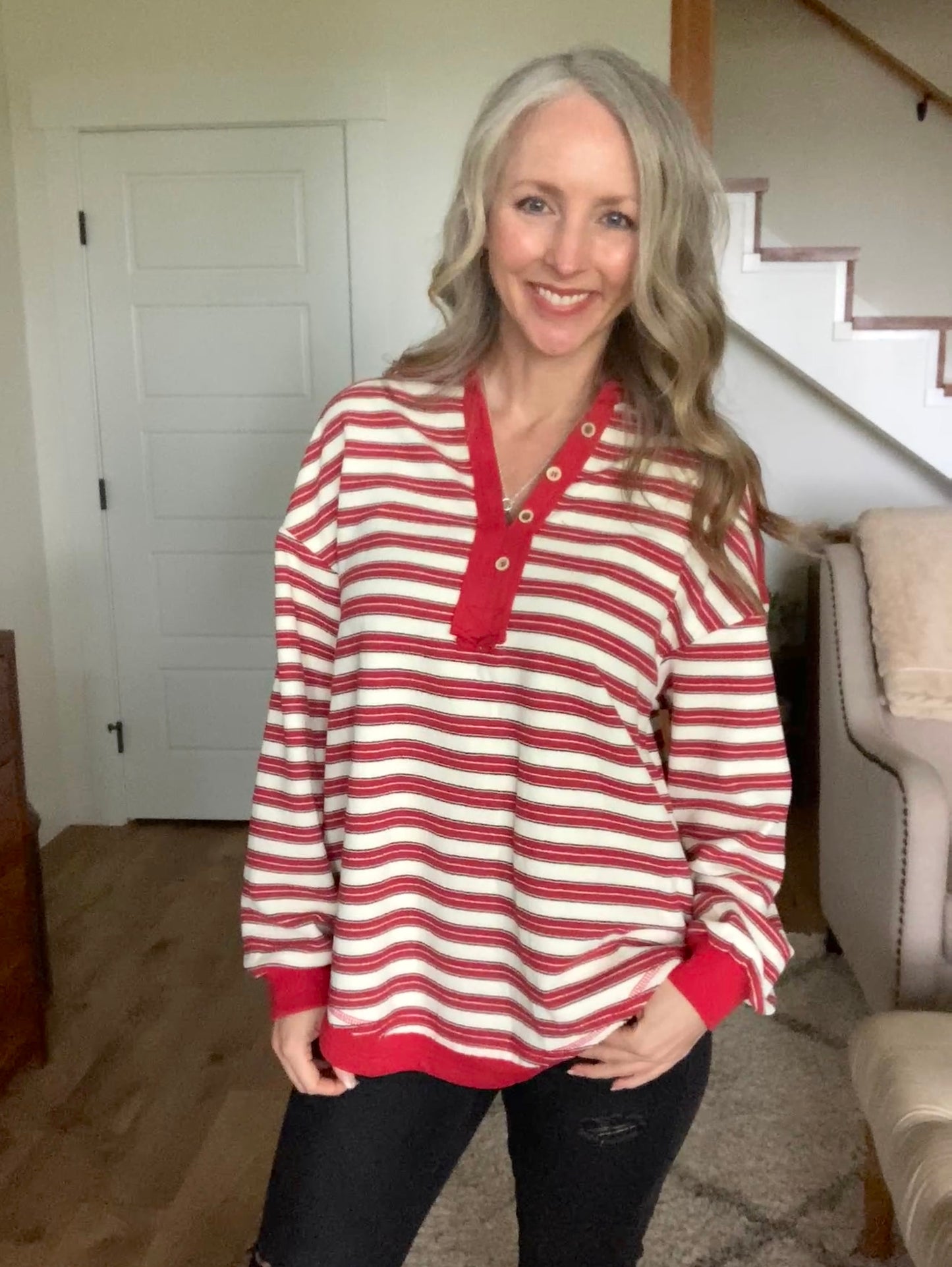 Textured Stripe Collared Henley Pullover in Red