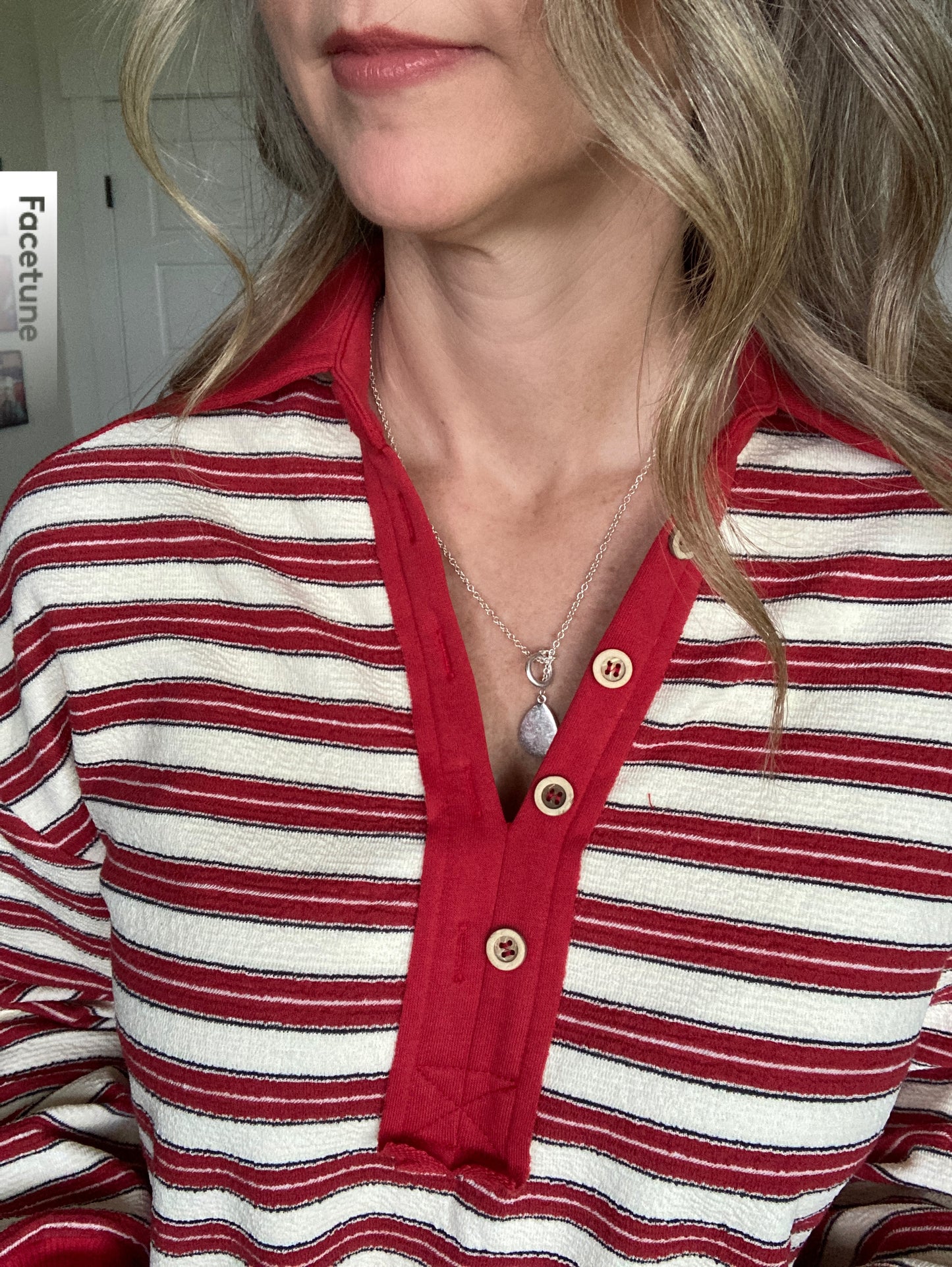 Textured Stripe Collared Henley Pullover in Red