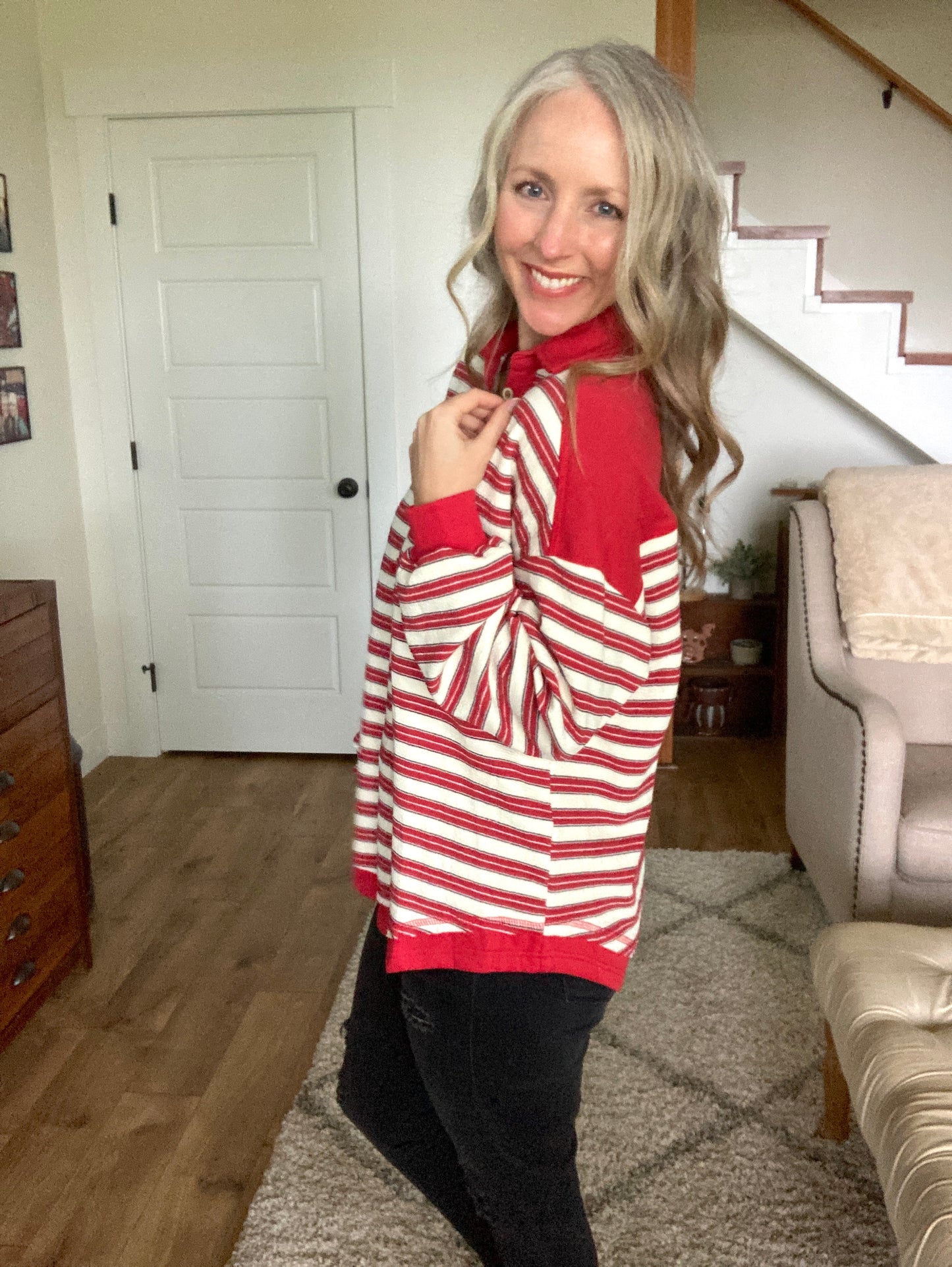 Textured Stripe Collared Henley Pullover in Red