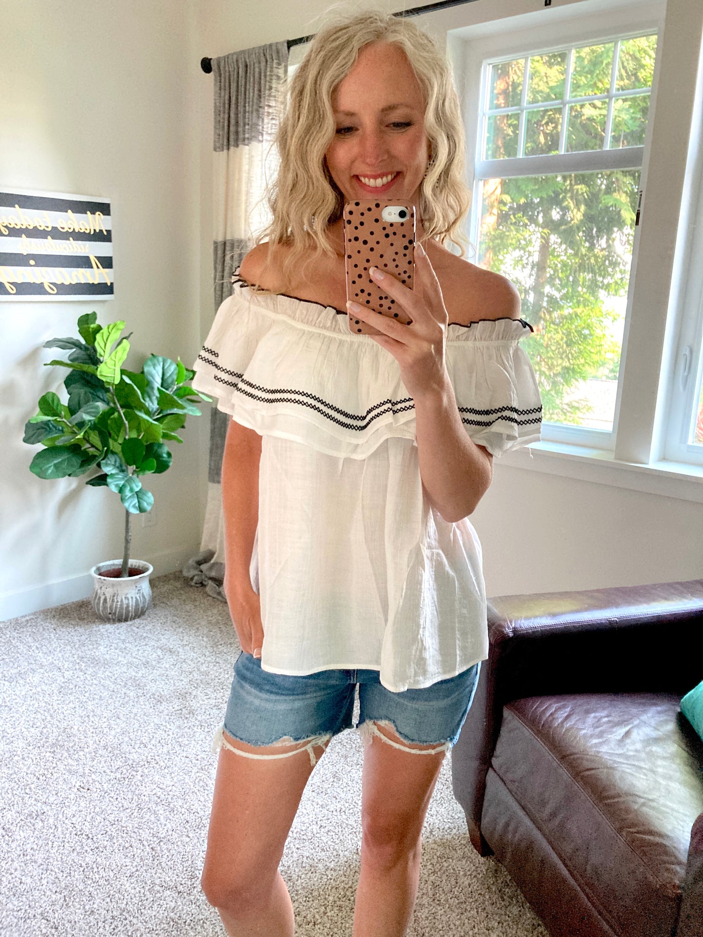 Off The Shoulder Embroidered Ruffle Blouse