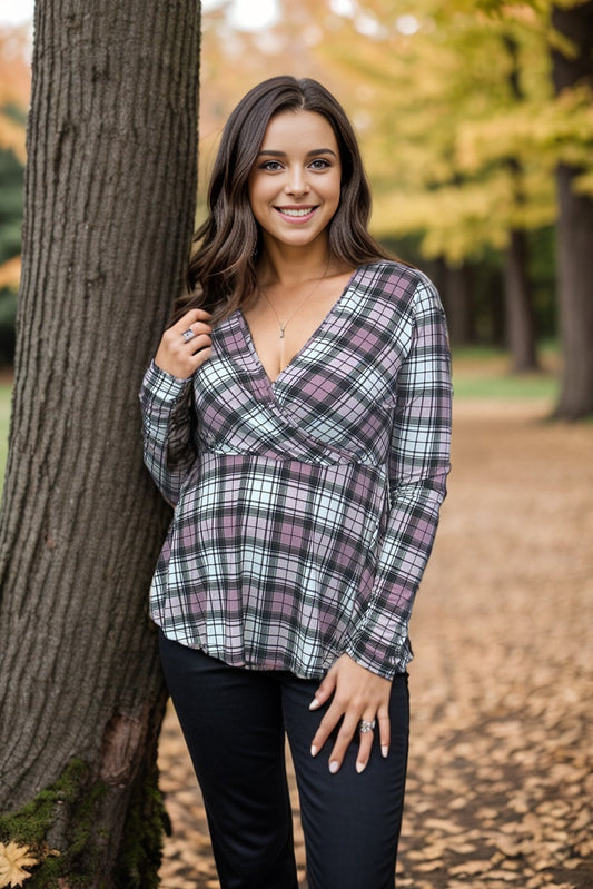 Pinky Plaid Peplum Cross Front Top