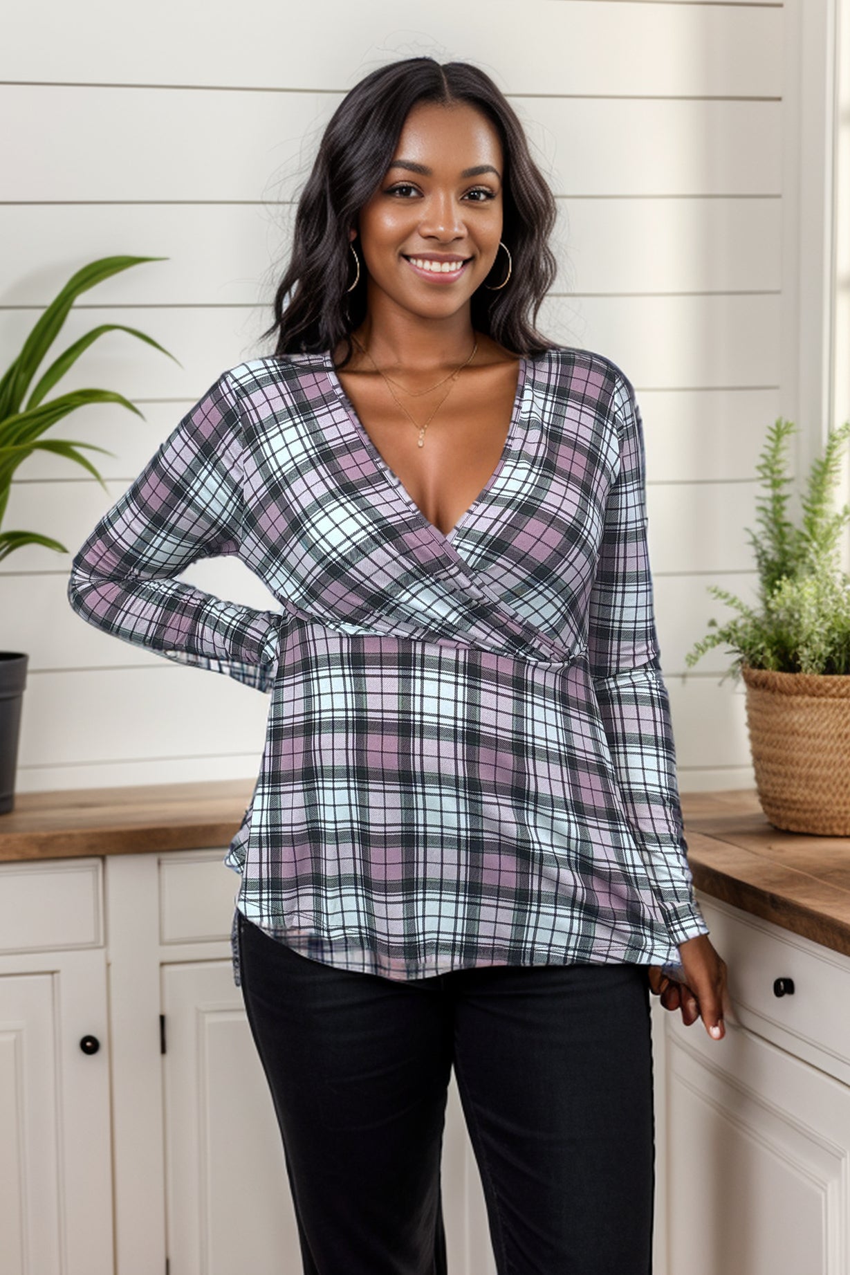 Pinky Plaid Peplum Cross Front Top