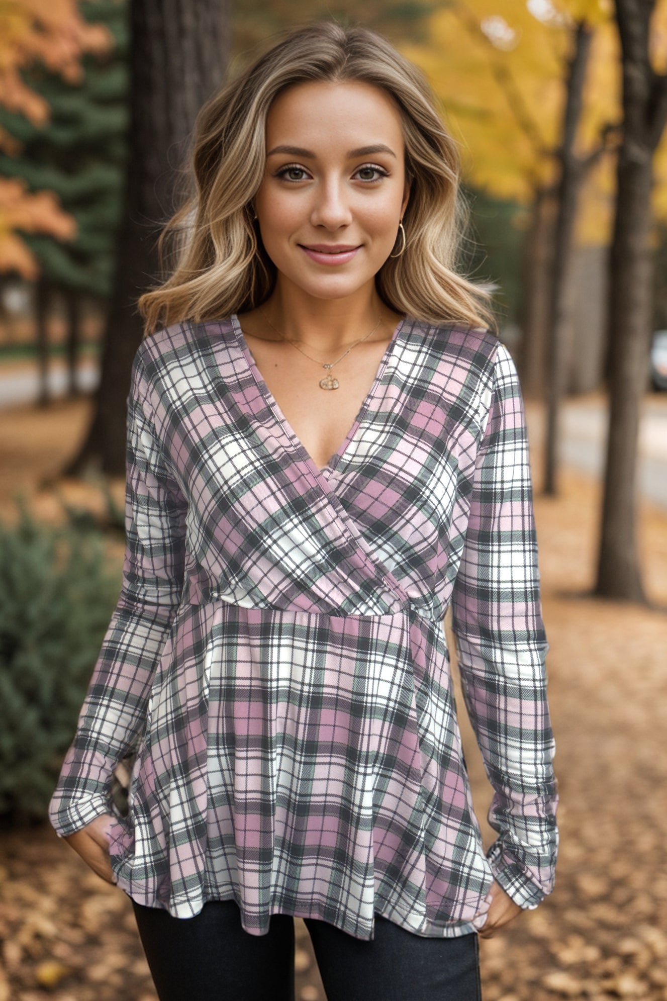 Pinky Plaid Peplum Cross Front Top