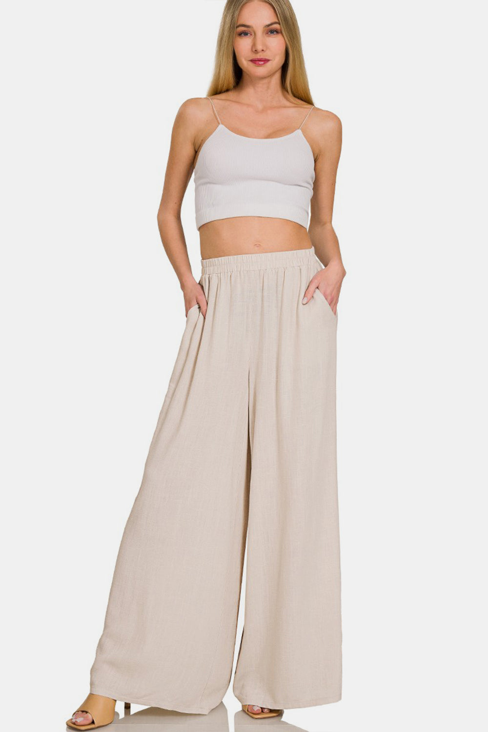 Linen Blend Wide Leg Pants in Khaki