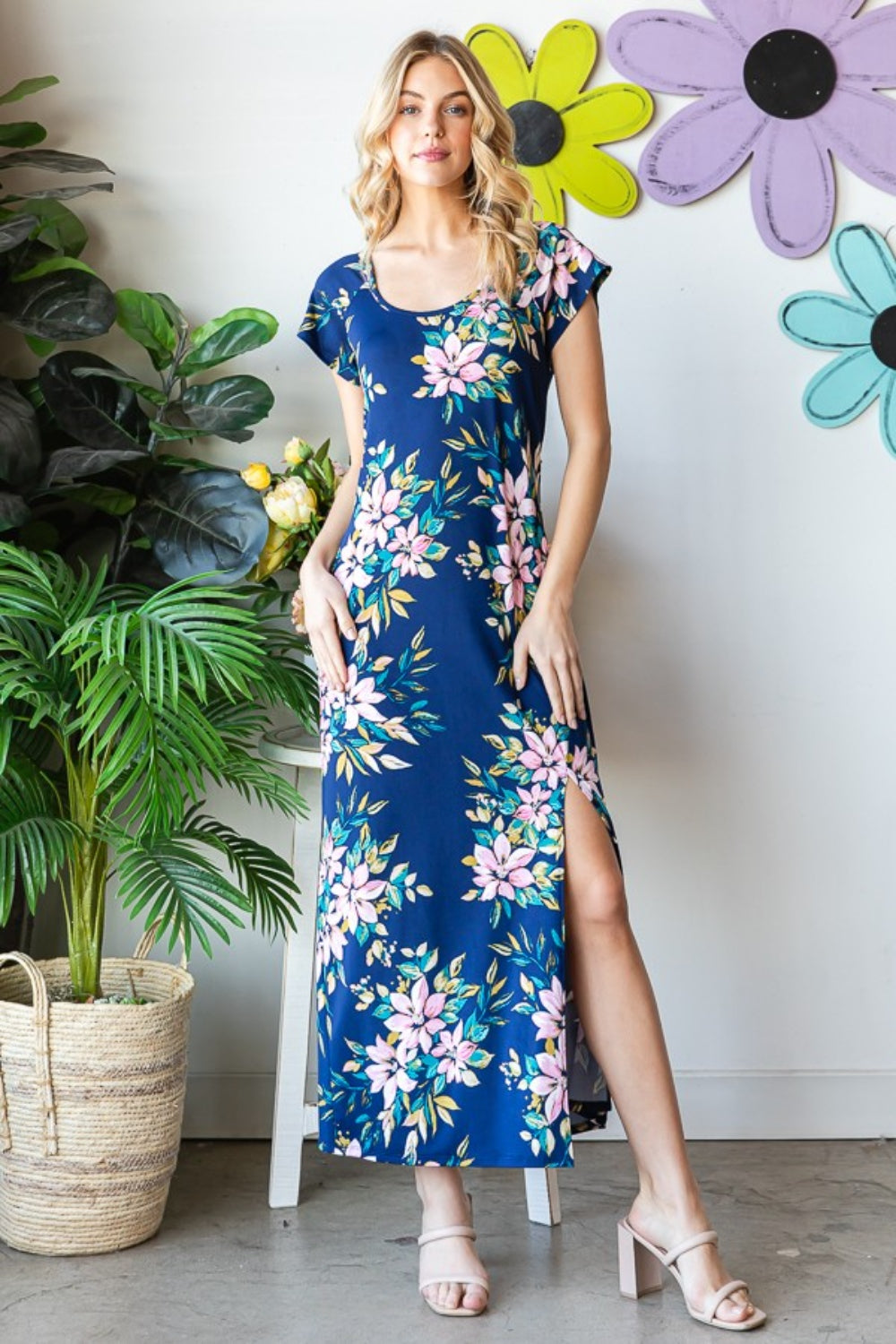 Blue Floral Short Sleeve Slit Dress