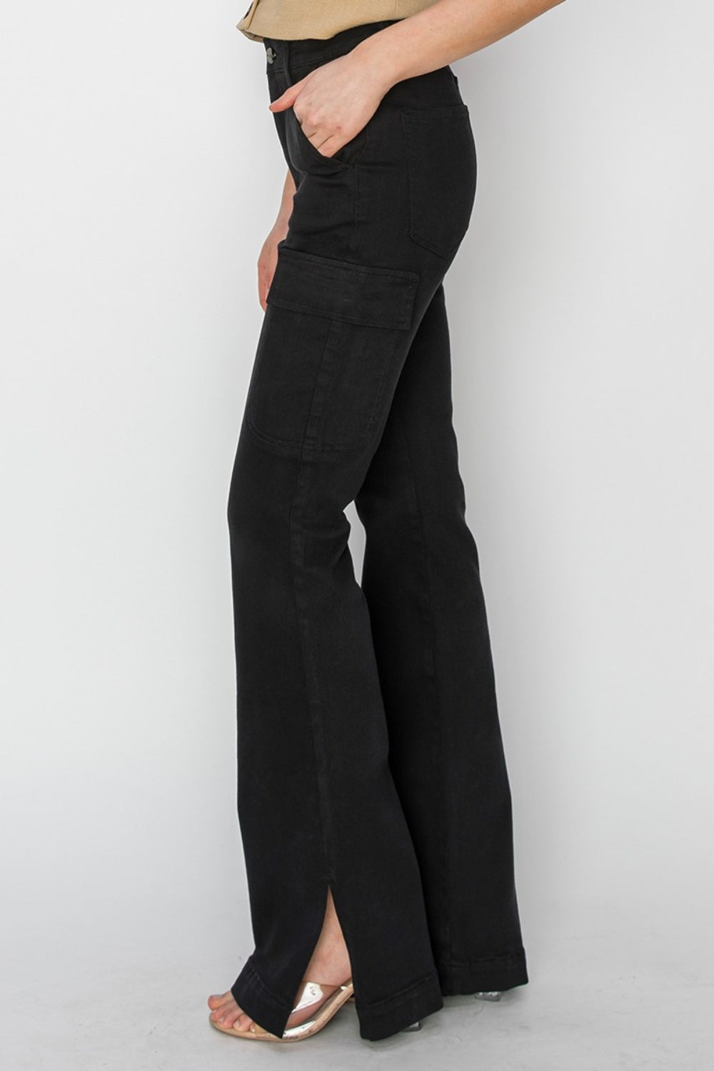 RISEN High Rise Side Slit Cargo Bootcut Jeans in Black