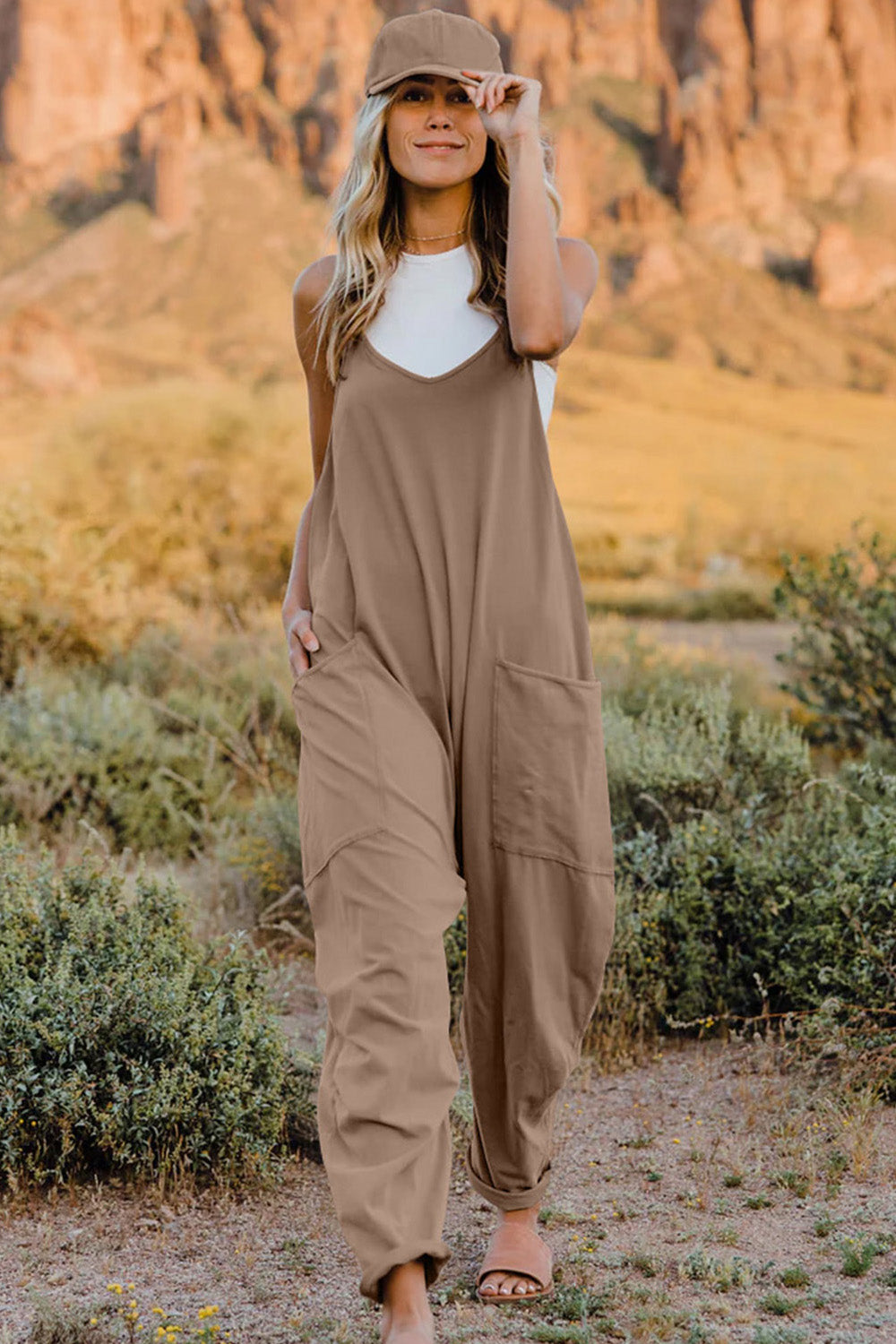 Boho Relaxed Tank Patch Pocket Jumpsuit - 13 Color Options