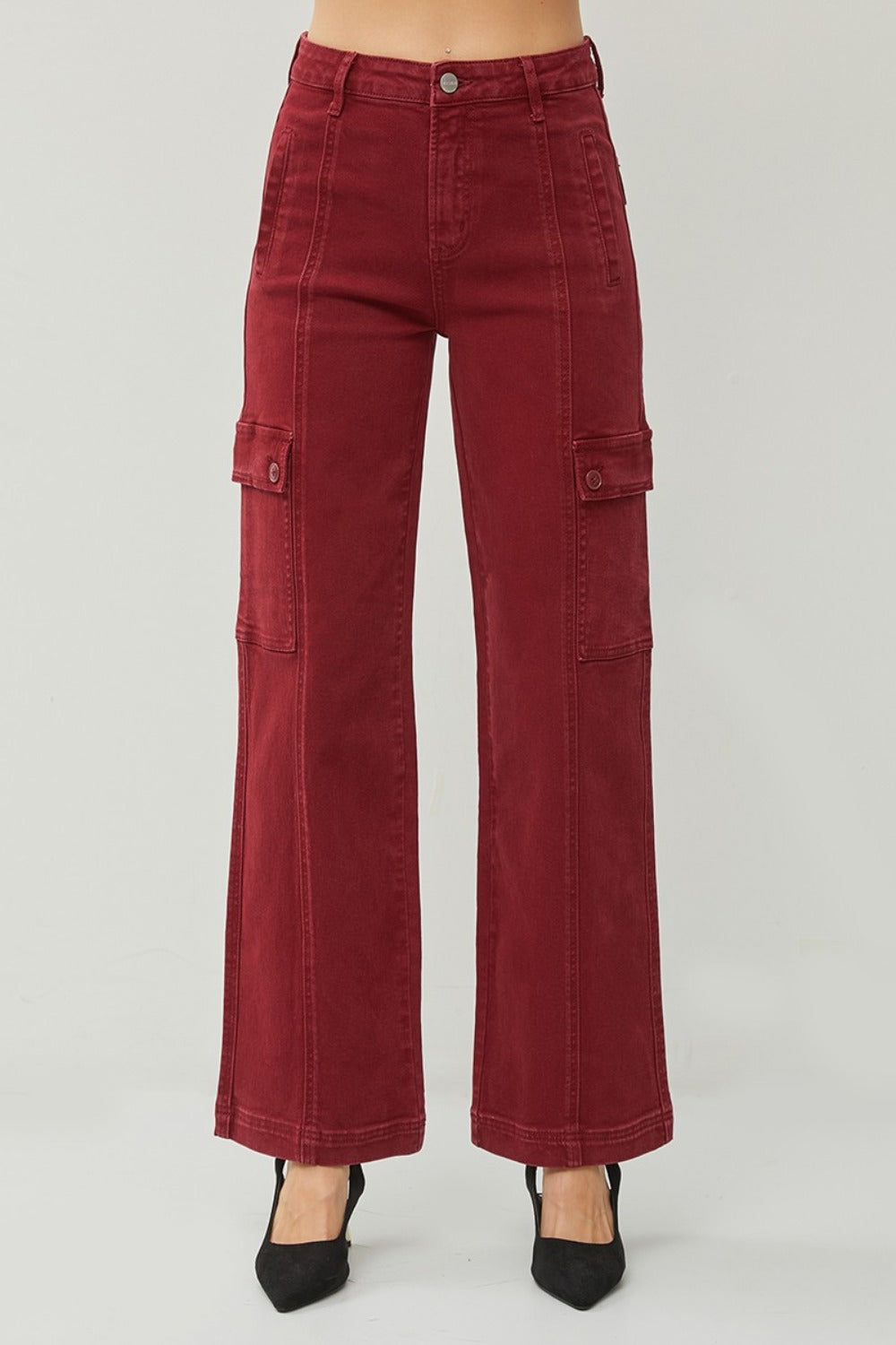 RISEN Wide Leg Cargo Jeans in Wine Red