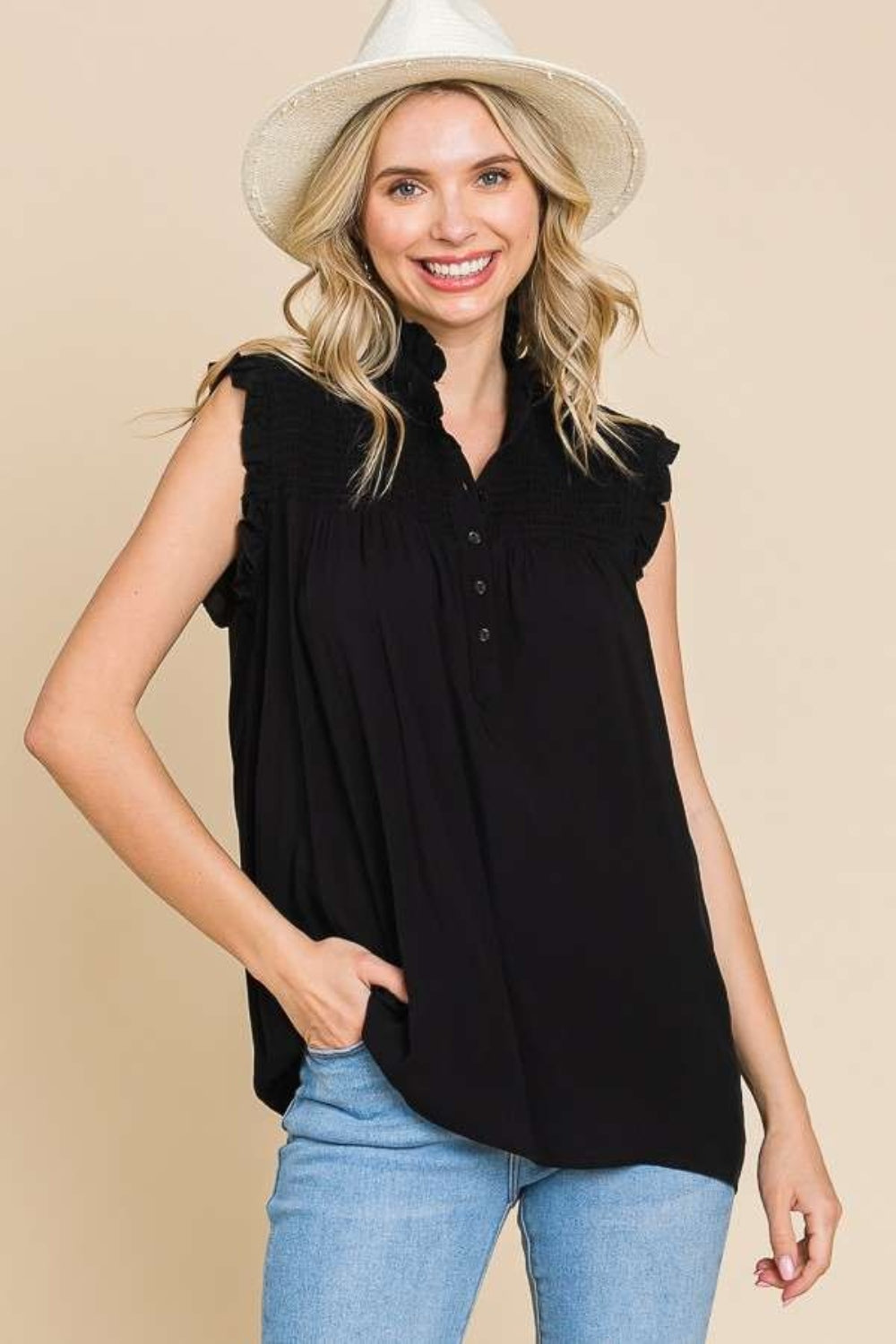 Frill Edge Smocked Black Sleeveless Top