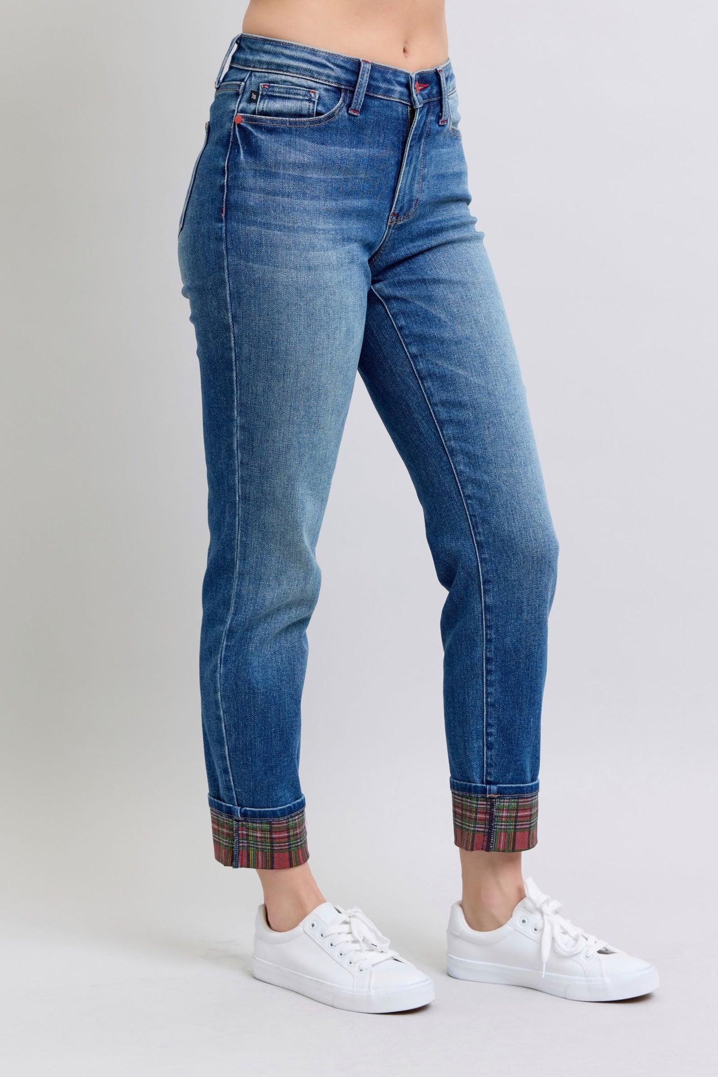 Judy Blue Plaid Cuff Straight Leg Jeans