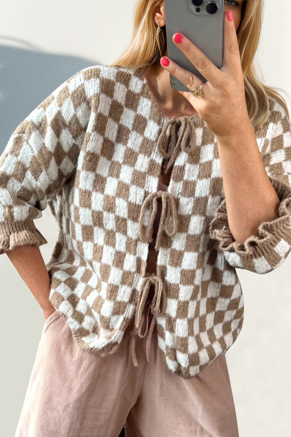 Tied Checkered Flounce Sleeve Cardigan - 7 Color Options