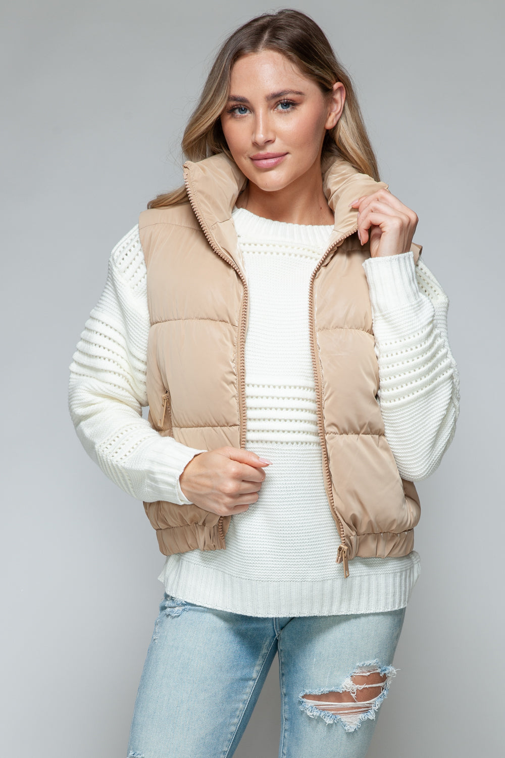 Mid Length Puffer Vest in Iced Coffee