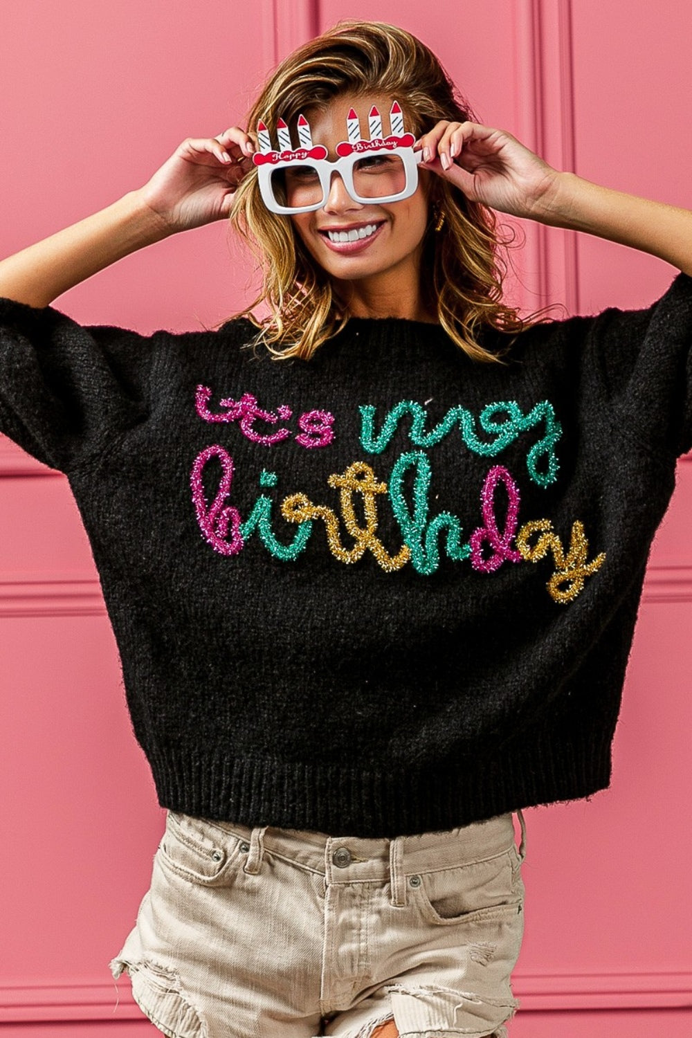 It's My Birthday Metallic Letter Puff Sleeve Fuzzy Sweater