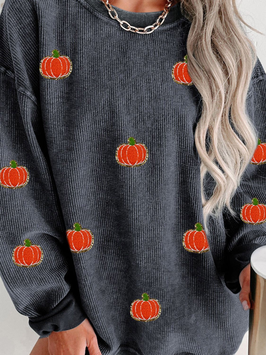 Corded Sweatshirt w/ Chenille Pumpkin Patches - 2 Color Options