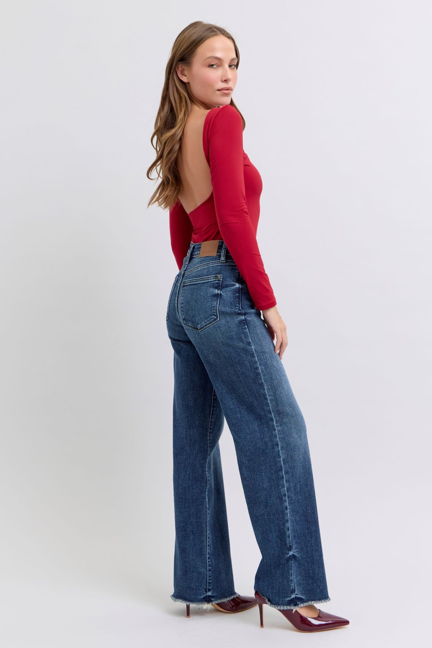 Judy Blue Mid Rise Raw Hem Wide Leg Jeans