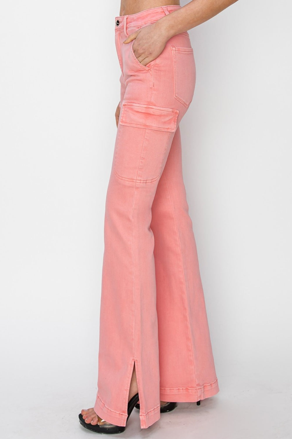 RISEN High Rise Side Slit Cargo Bootcut Jeans in Flamingo