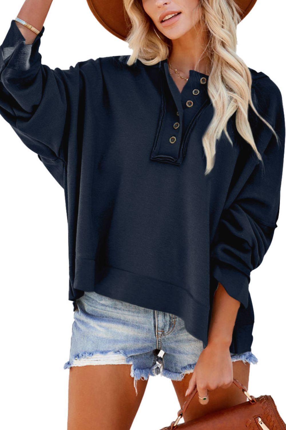 Button Placket Dropped Shoulder Hoodie - 12 Color Options