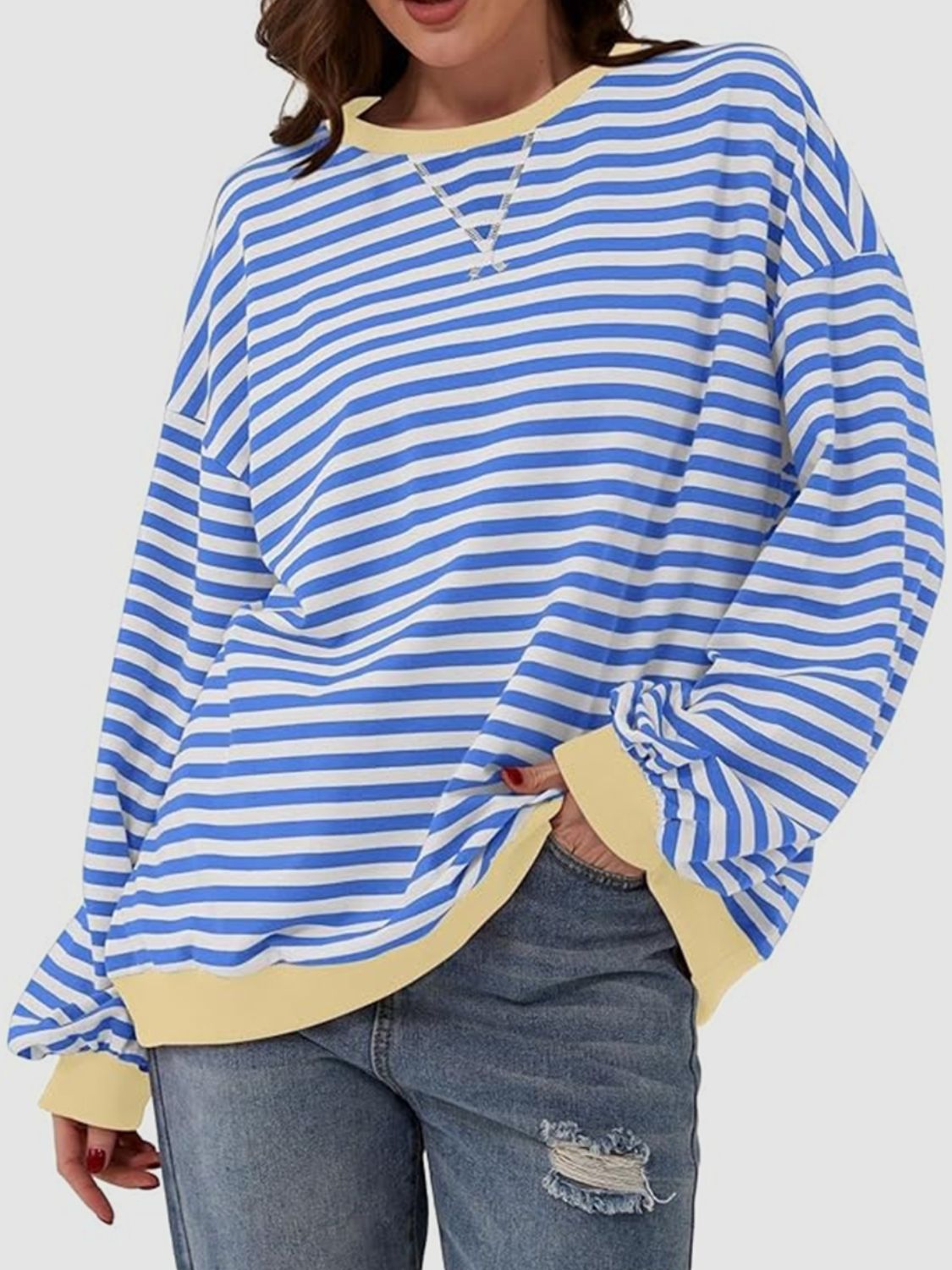 Contrast Striped Long Sleeve Oversized T-Shirt