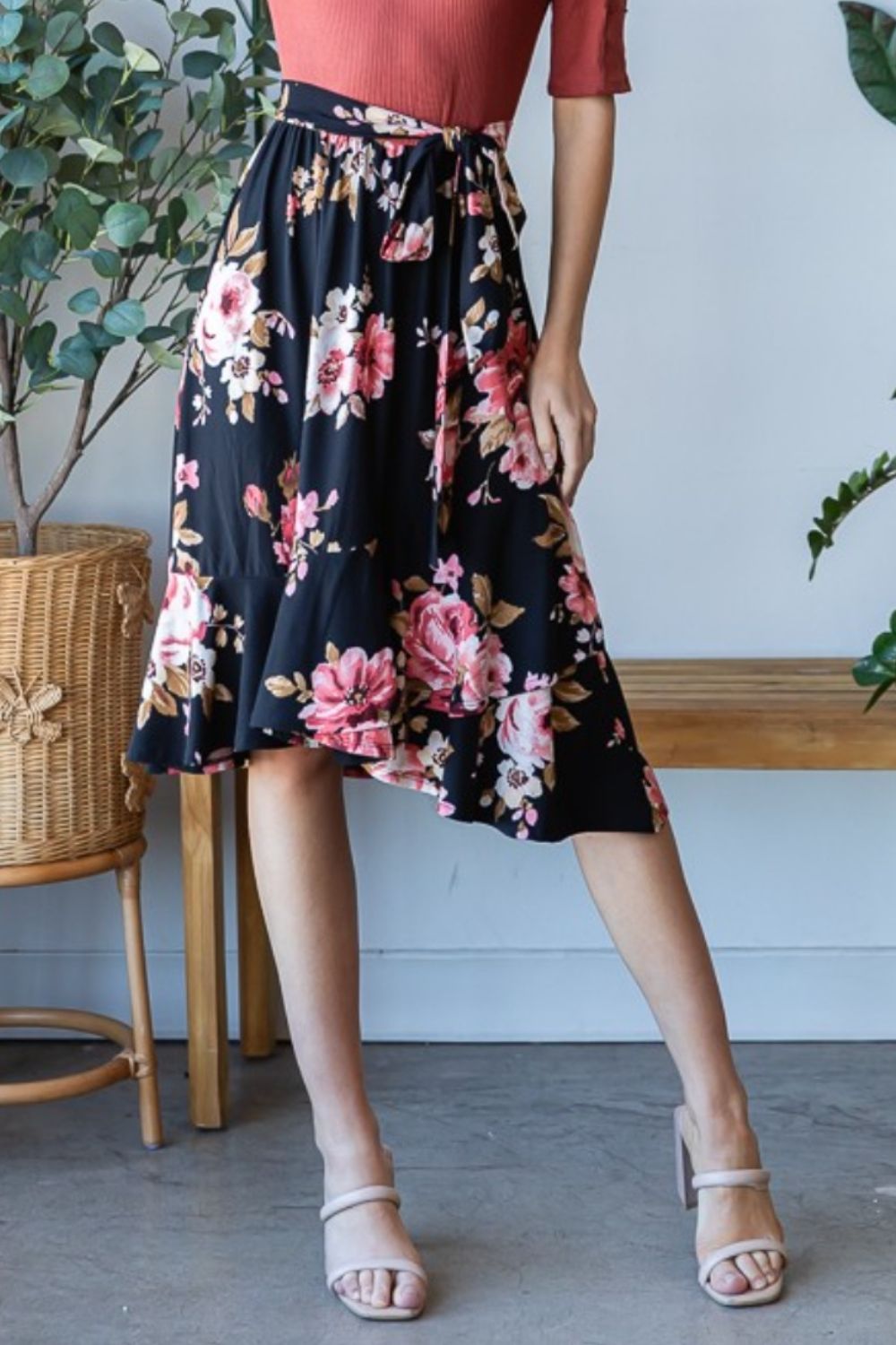 Floral Wrap Ruffle Hem Skirt