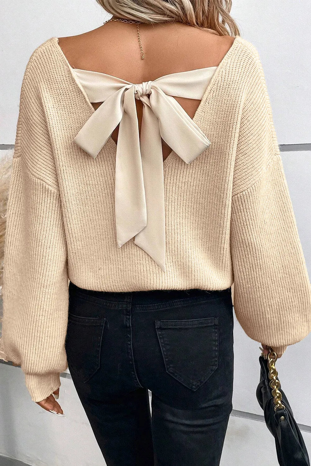 Satin Tie Back V-Neck Sweater