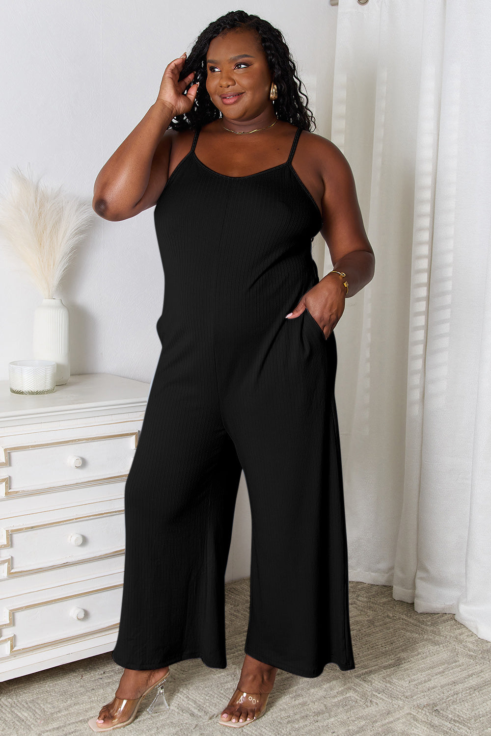 Spaghetti Strap Textured Jumpsuit - 3 Color Options