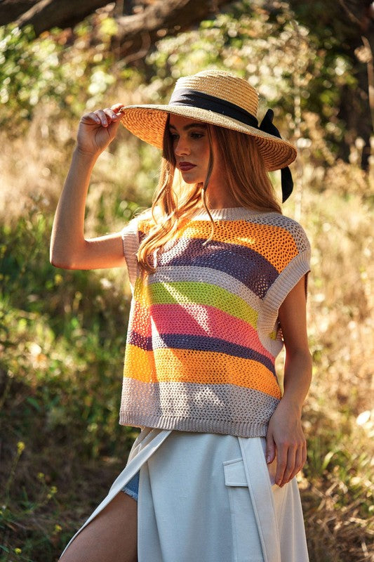 Crochet Multi Striped Pullover Knit Sweater Vest - 2 Color Options