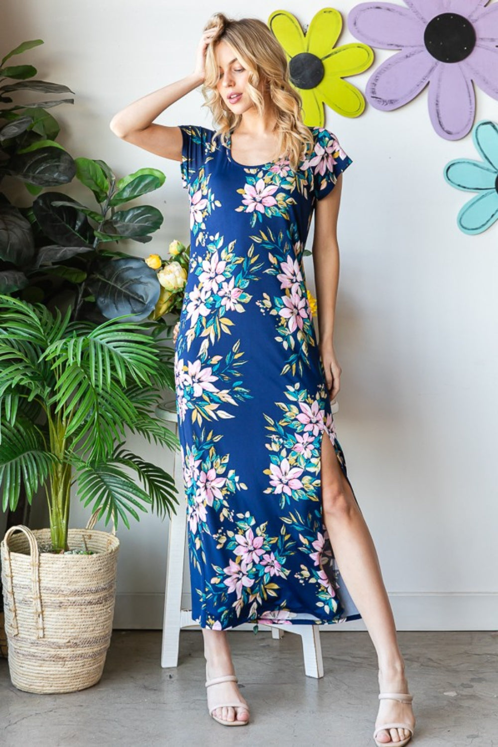 Blue Floral Short Sleeve Slit Dress