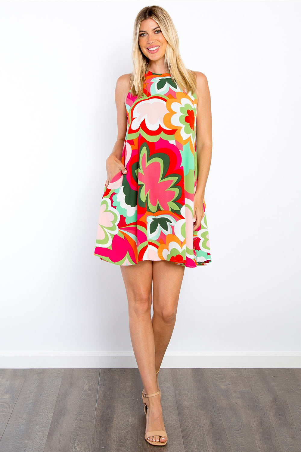 Retro Floral Sleeveless Mini Dress with Pockets