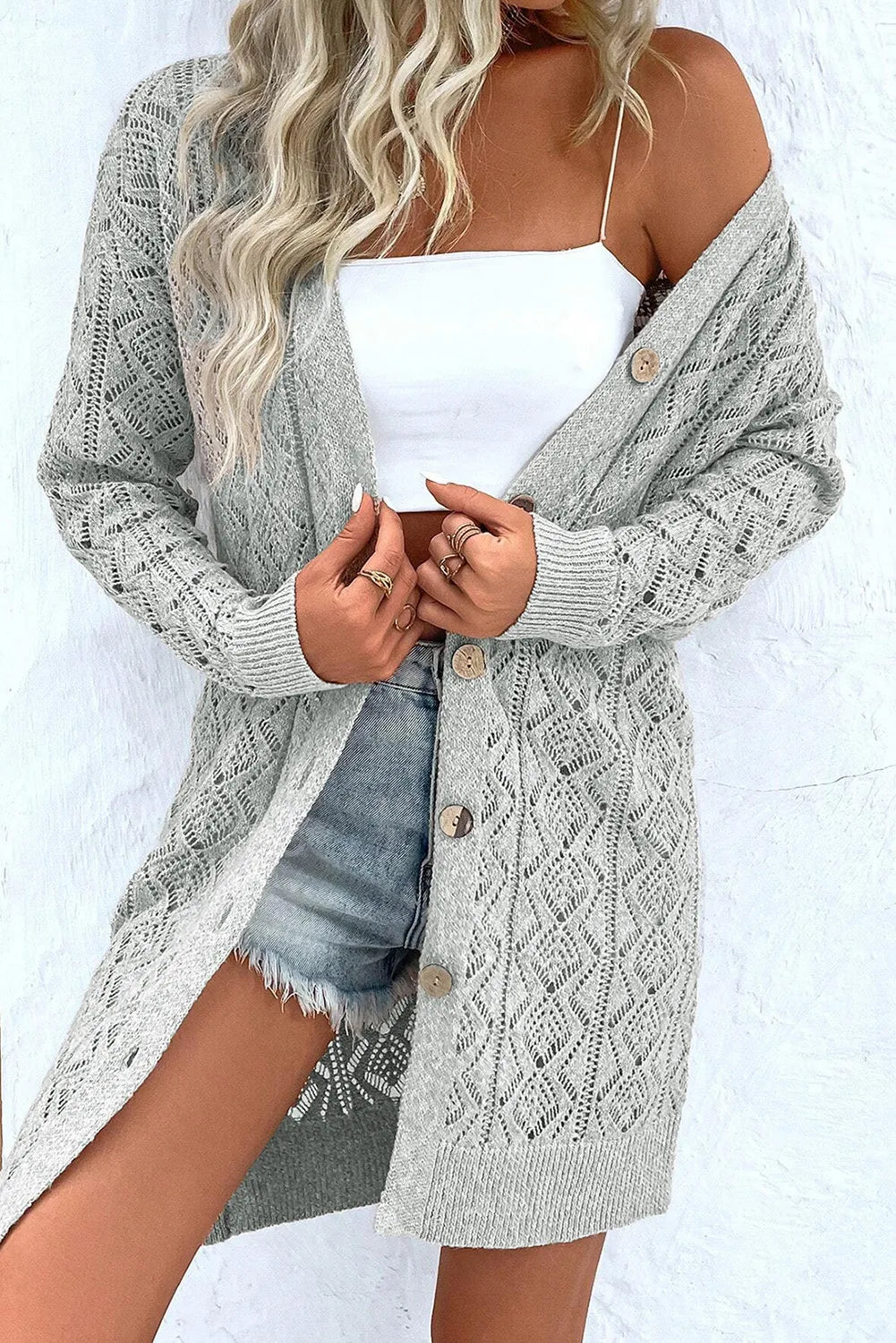 Open Knit Button Down Cardigan - 2 Color Options