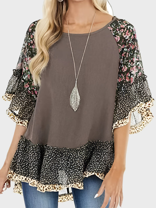 Ruffle Sleeve Mixed Print Blouse - 7 Print/Color Options